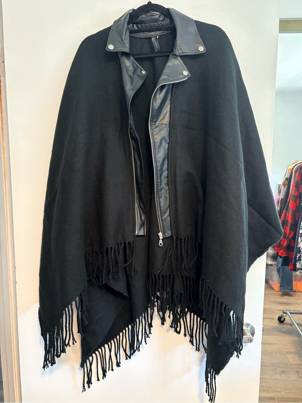 Lane Bryant Black Cape with Faux Leather Collar and Trim with Zipper - One Size